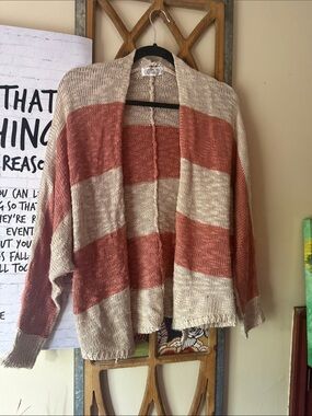 Pink Rose Open Knit Sweater in Beige and Rust Accent